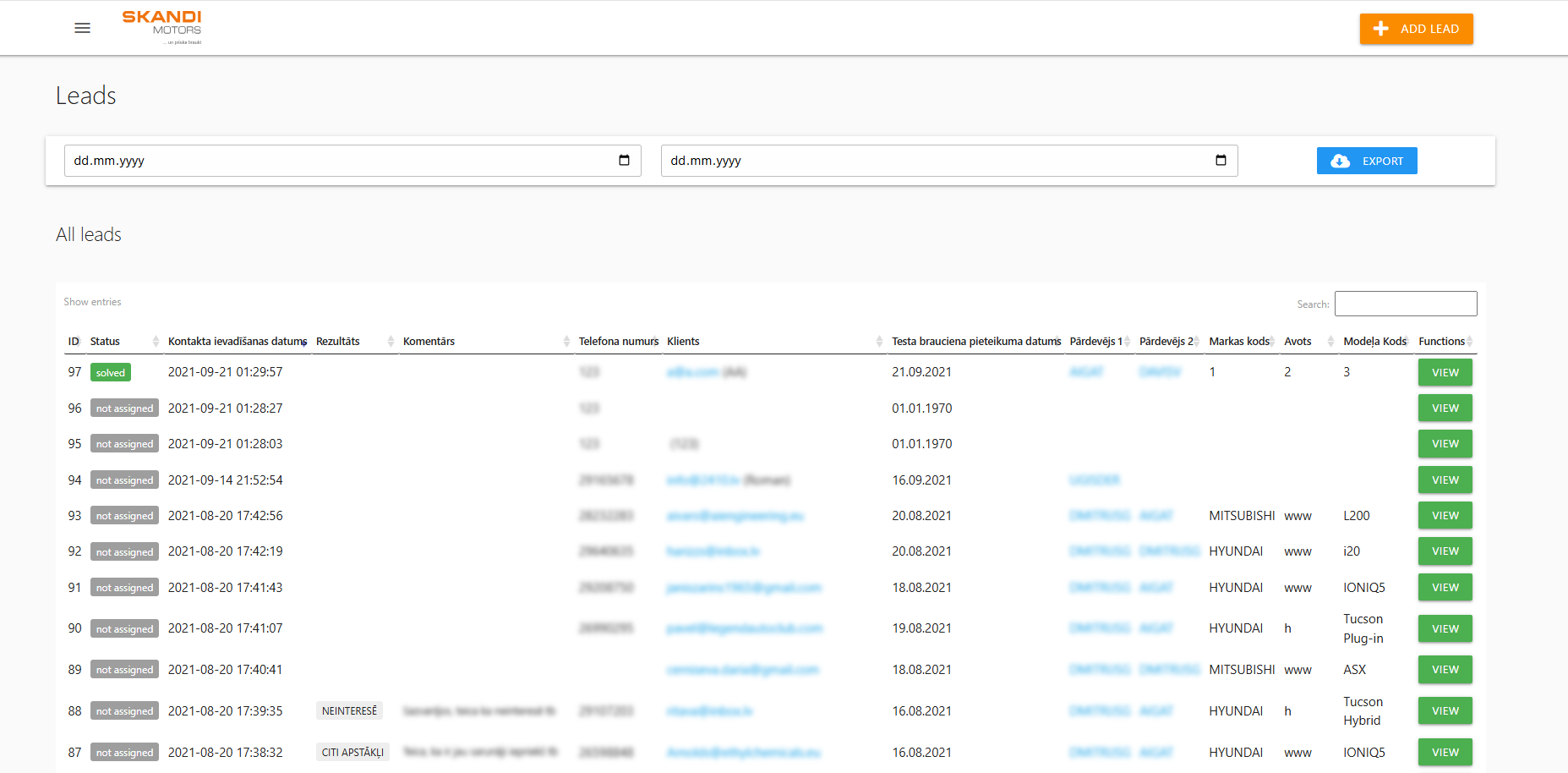 Visión general de clientes potenciales - incluyendo estado, detalles de contacto, fechas de prueba de manejo, consultores asignados y datos del vehículo.