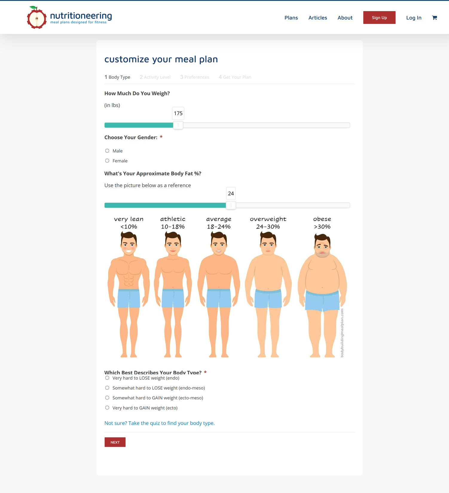 Interfaz del calculador de planes de comidas personalizada desarrollada por 2410, con referencias visuales de grasa corporal y controles deslizantes responsivos