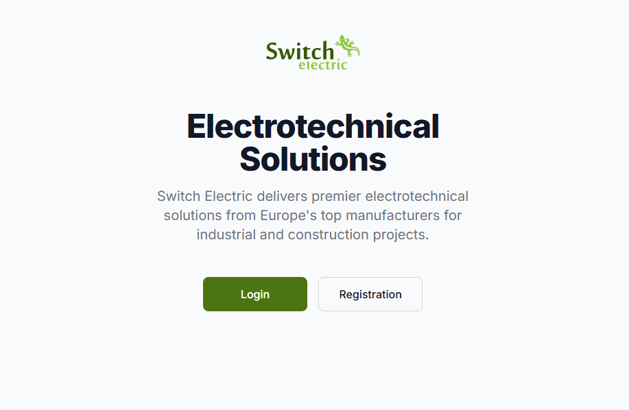 Welcome screen of the B2B platform with login and registration options.