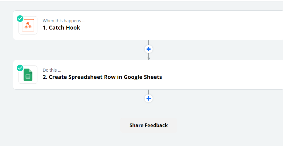 Paso de automatización de Zapier: Catch Hook utilizado para recibir datos del formulario del sitio web y activar procesos en el servidor.