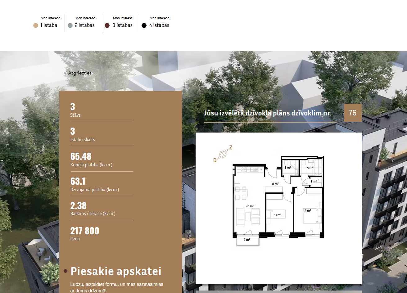 Página de apartamento individual mostrando todas las especificaciones, precio, plano y formulario de consulta.