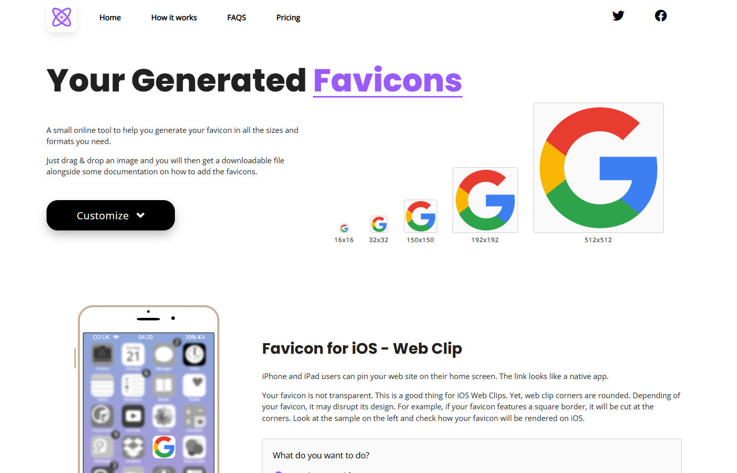 Result page showing favicon previews in multiple resolutions and a live preview on iOS.