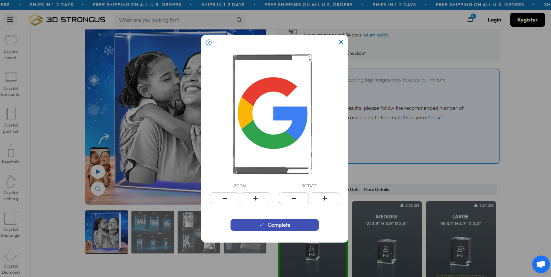 Modal de recorte de imagen con funciones de Zoom y Rotar en la página de producto de 3dstrongus